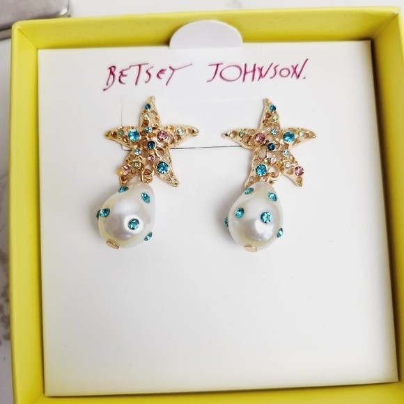 Betsey Johnson Starfish Gold Pearl and Blue Drop Earrings - Picture 1 of 3